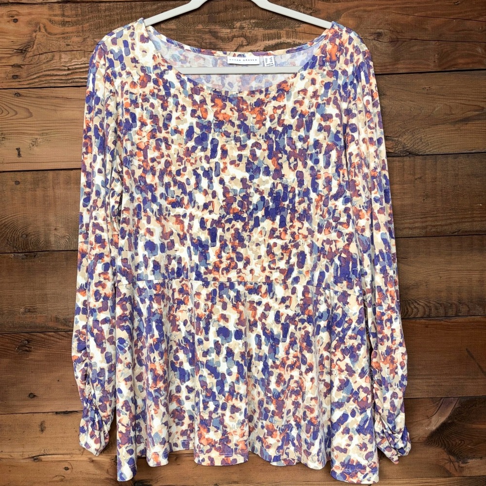 Susan Graver Peplum Top Womens 1X Abstract Print Ruched Sleeve Stretch